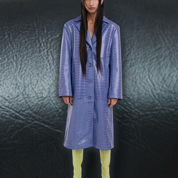 NWOT Hosbjerg Vegan Leather ‘Irah Croc Embossed Coat’ in “Dust Blue” Size Medium - Picture 2 of 16